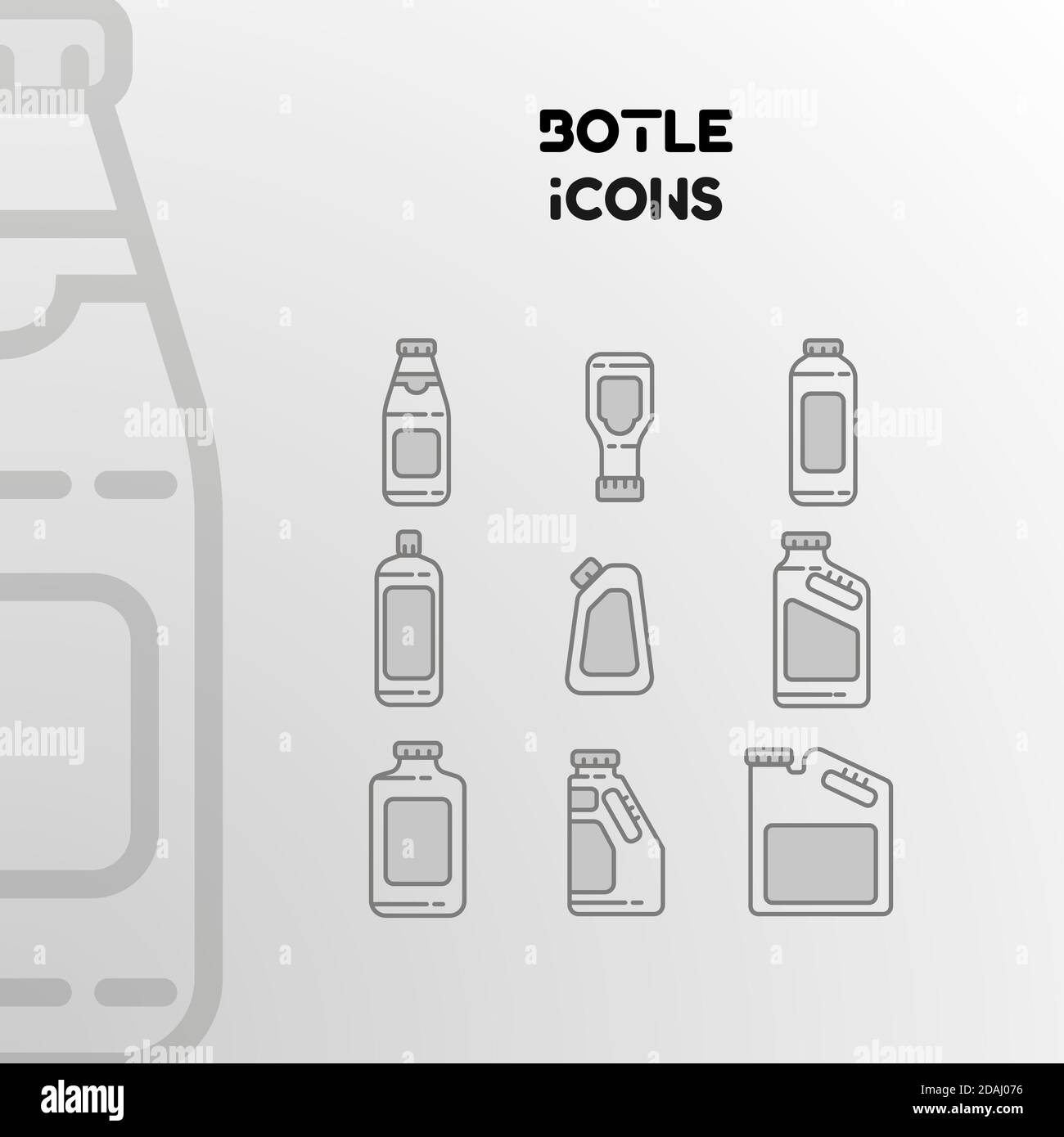 Design von Vektor-linearen Icons von Flaschen, Dosen und Verpackungen. Satz isolierter Objekte. Stock Vektor