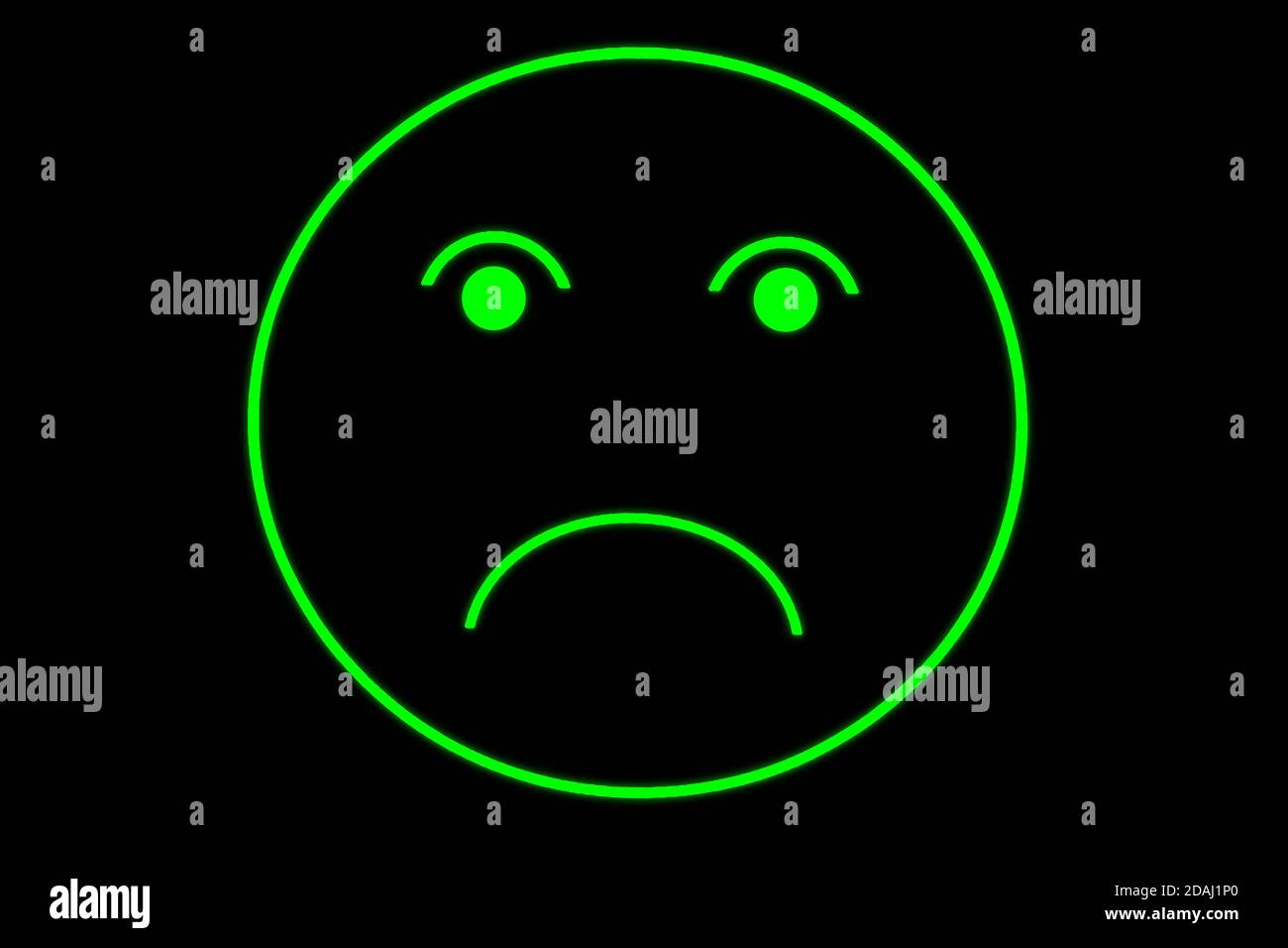 Trauriger Smiley oder Gesicht in Neon Umriss mit grünem Glühen Auf schwarzem Hintergrund mit negativen Emotionen Stockfoto