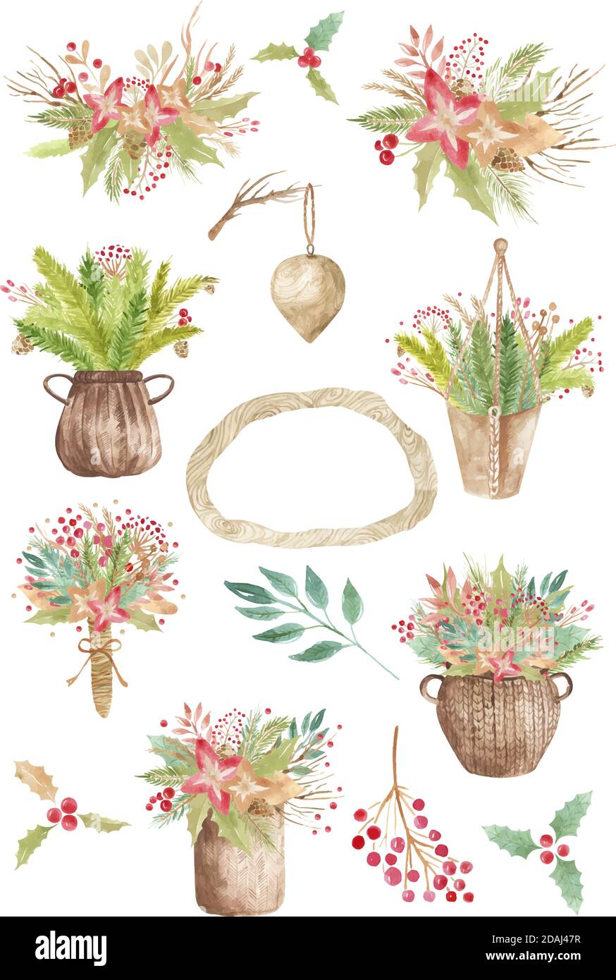 Winter Blumenarrangement Cliparts. Botanische Kollektion von dekorativen Elementen für Hochzeitseinladungen, Postkarten, Karten. Vektor Stock Vektor