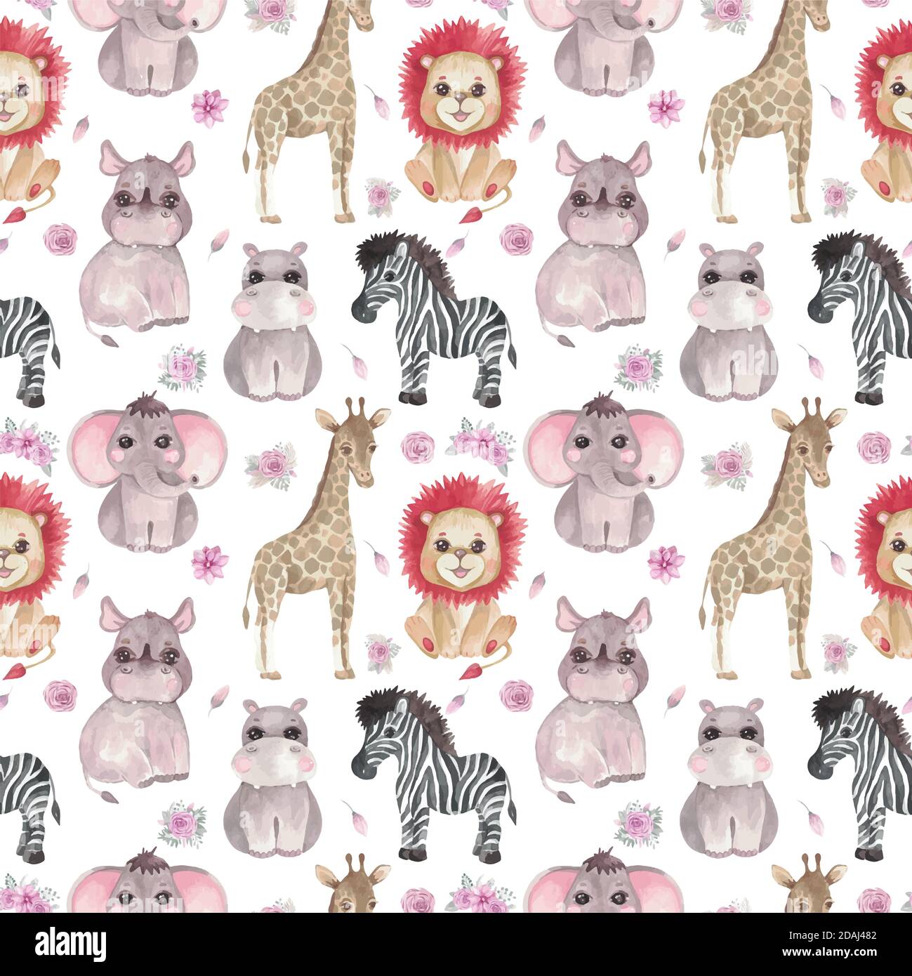 Nahtlose Safari-Muster von Tieren und Blumen auf weißem Hintergrund. Kinder Design Giraffe Zebra Elefant Hippo Rhino Stock Vektor