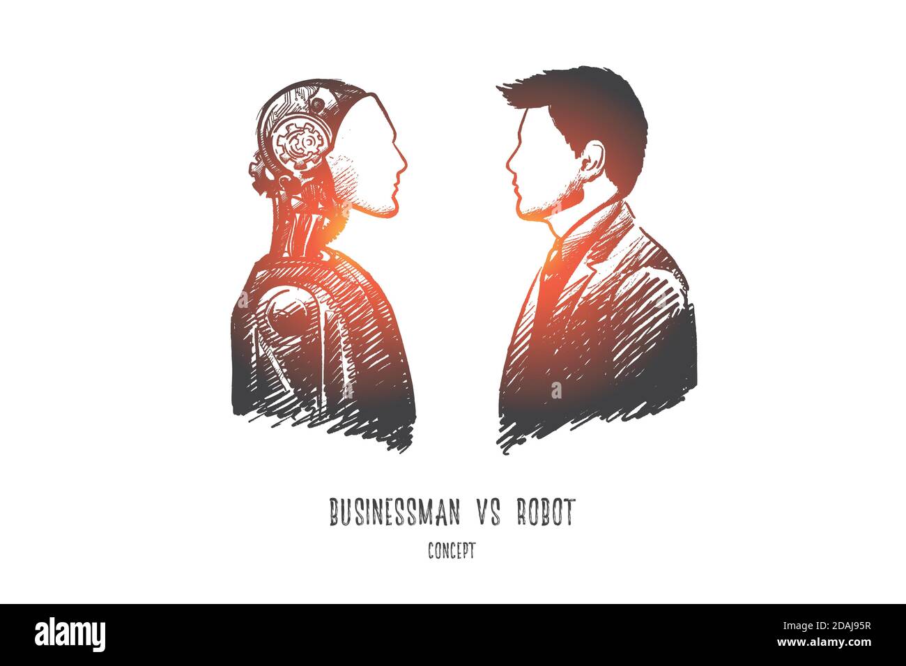 Geschäftsmann vs Roboter Konzept. Von Hand gezeichneter isolierter Vektor. Stock Vektor