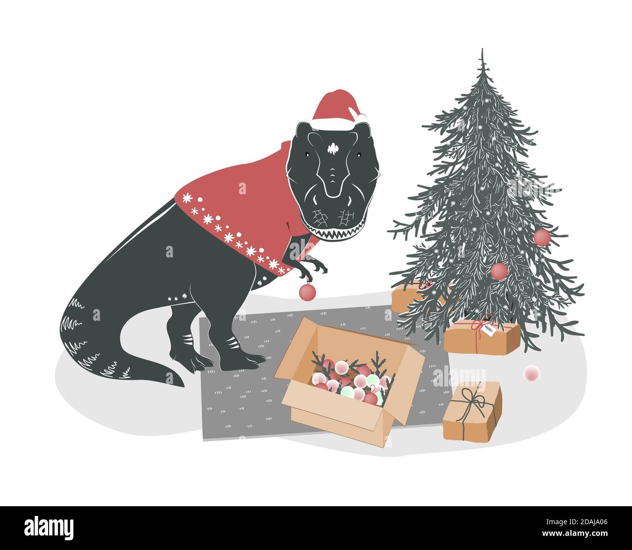 Niedliche junge T rex Dinosaurier Dekoration Weihnachtsbaum. Tyrannosaurus Weihnachten. Festlicher Winterdruck, Vektorgrafik Stock Vektor
