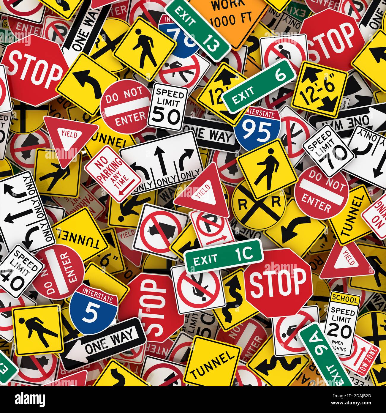 Besonders große 3D-Darstellung nordamerikanischer Straßenschilder wie Stoppschilder, Geschwindigkeitsbegrenzungsschilder und Warnschilder. Stockfoto