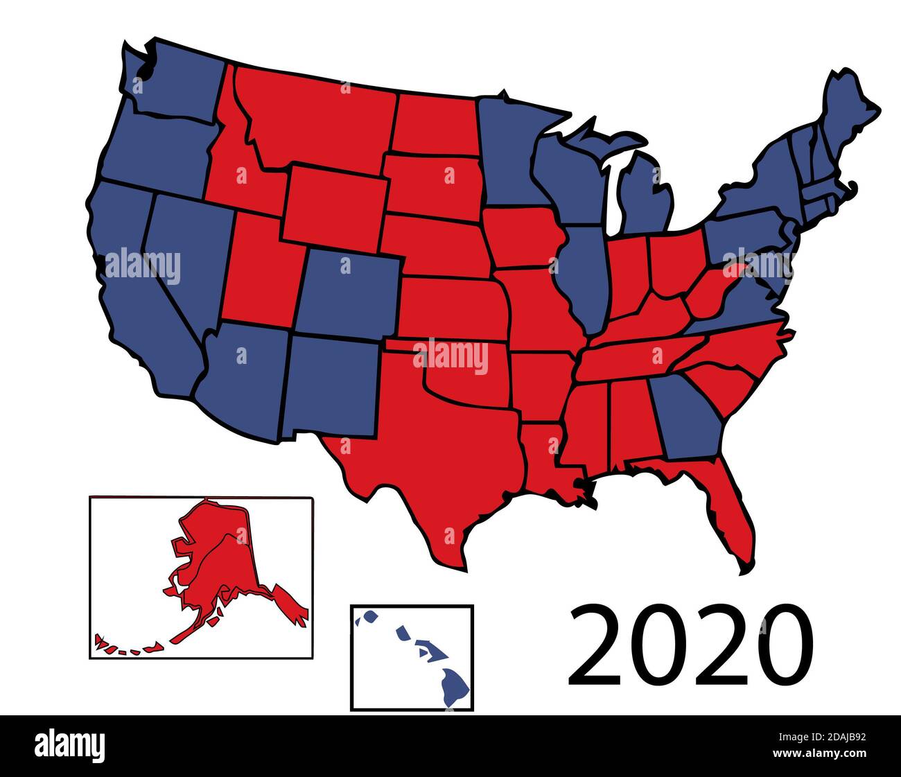 2020 General Presidential Wahlkarte von 50 USA Koloriert in Republikanisches Rot, Demokrat Blau. Stockfoto
