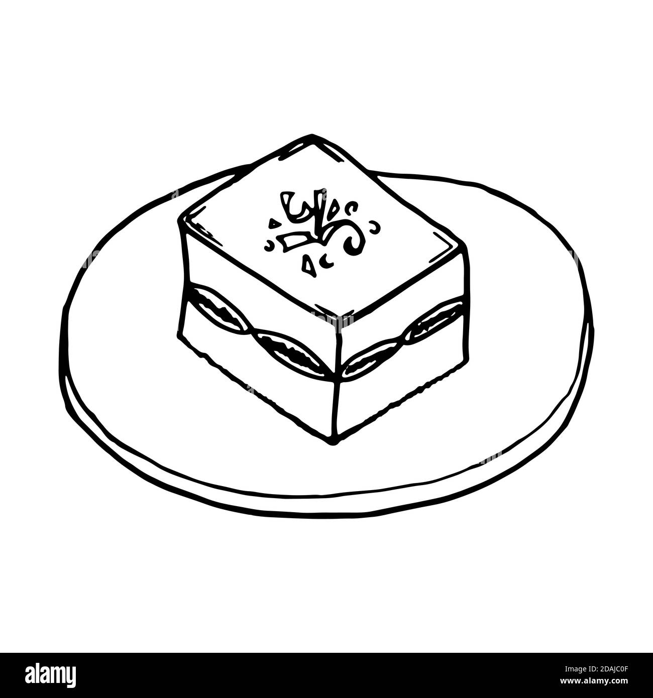 Tiramisu traditionelle italienische Küche. Handgezeichneter Skizzenstil. Vektorgrafik isoliert auf weißem Hintergrund für Restaurant-Menü und Paket-Design, p Stock Vektor