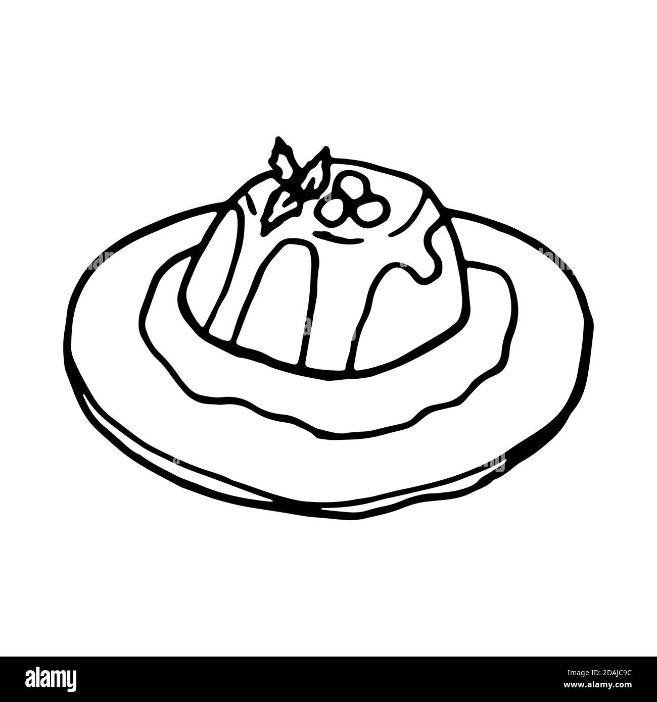 Panna Cotta italienische traditionelle Küche. Handgezeichneter Skizzenstil. Vektorgrafik isoliert auf weißem Hintergrund für Restaurant-Menü und Paket-Design Stock Vektor