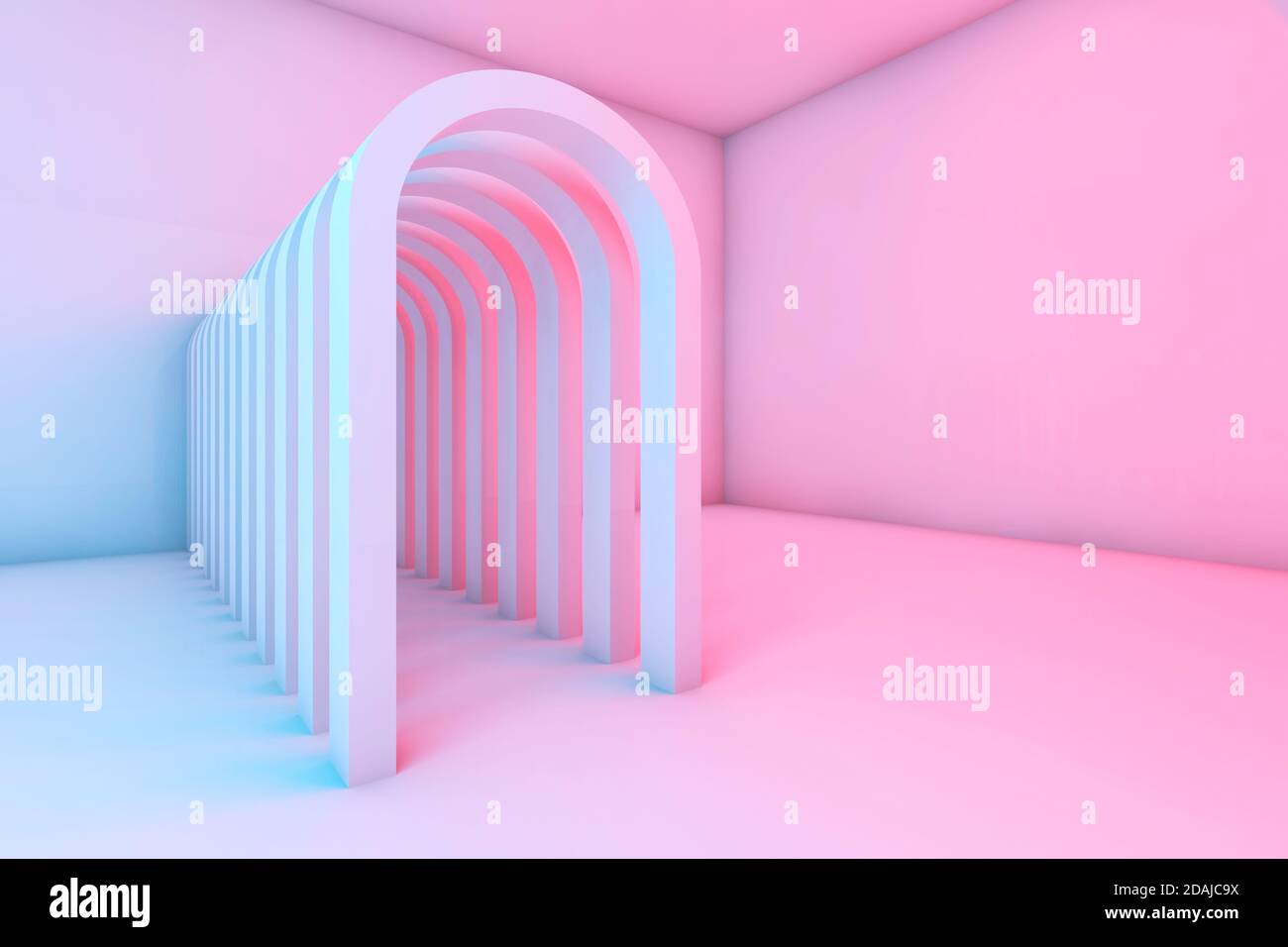 Korridor von Bögen in einem leeren Raum mit farbenfroher Beleuchtung, abstrakter digitaler Hintergrund, 3d-Rendering-Illustration Stockfoto