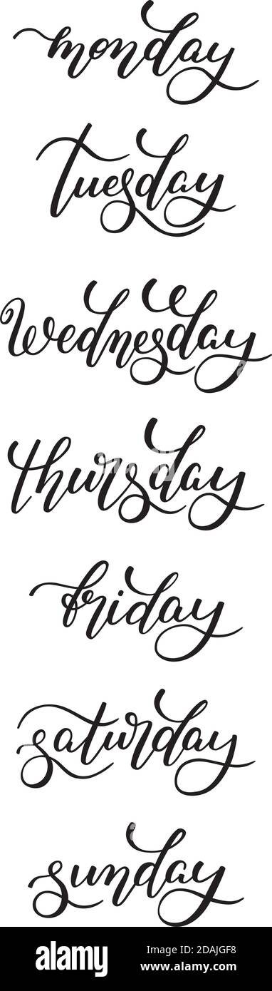 Handbeschriftung Tage der Woche. Vorlage für Karte, Poster, Druck. Isoliert auf weißem Hintergrund. Stock Vektor