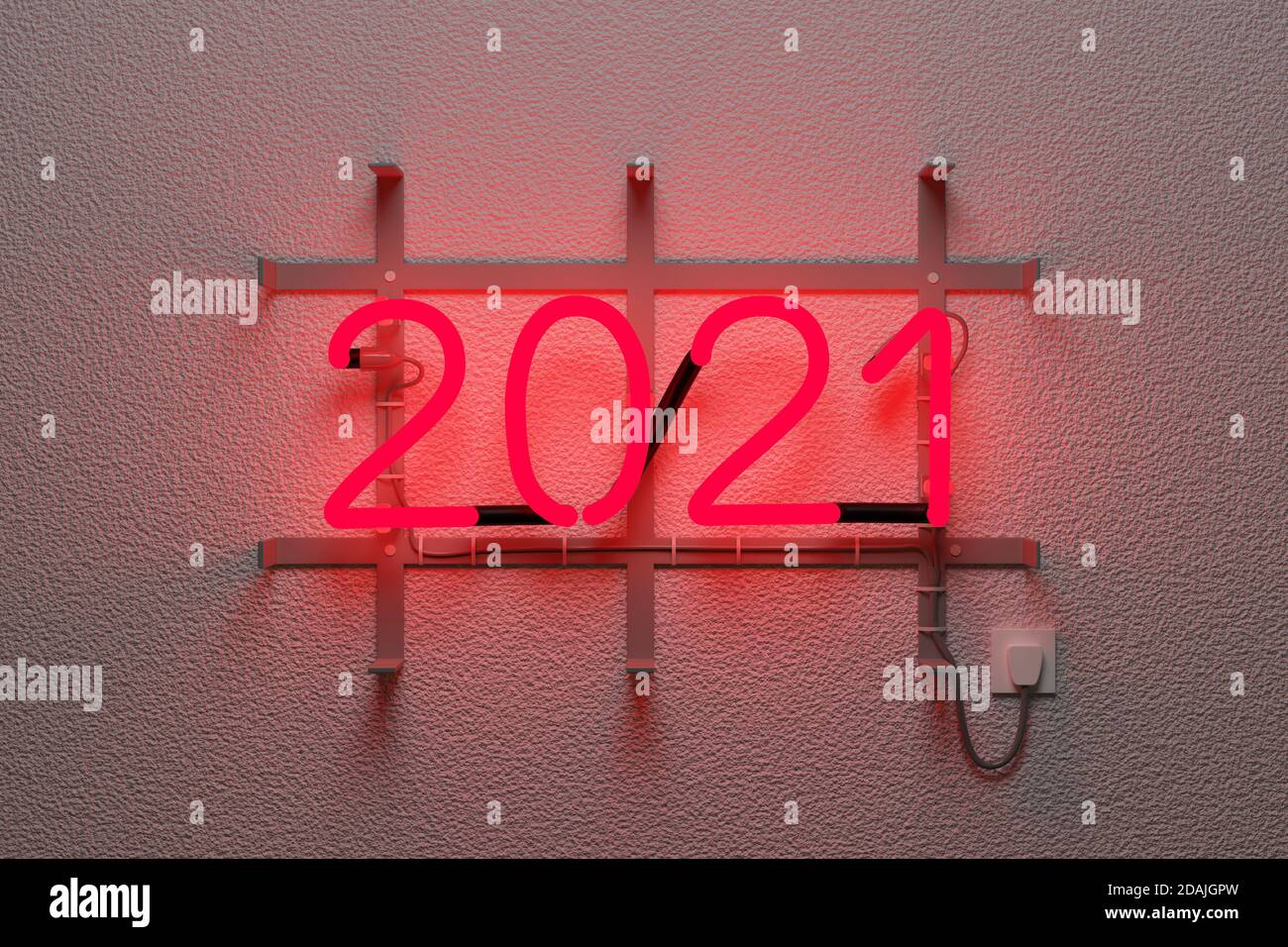 Realistisches Neonschild mit der Legende 2021. 3d-Illustration. Stockfoto