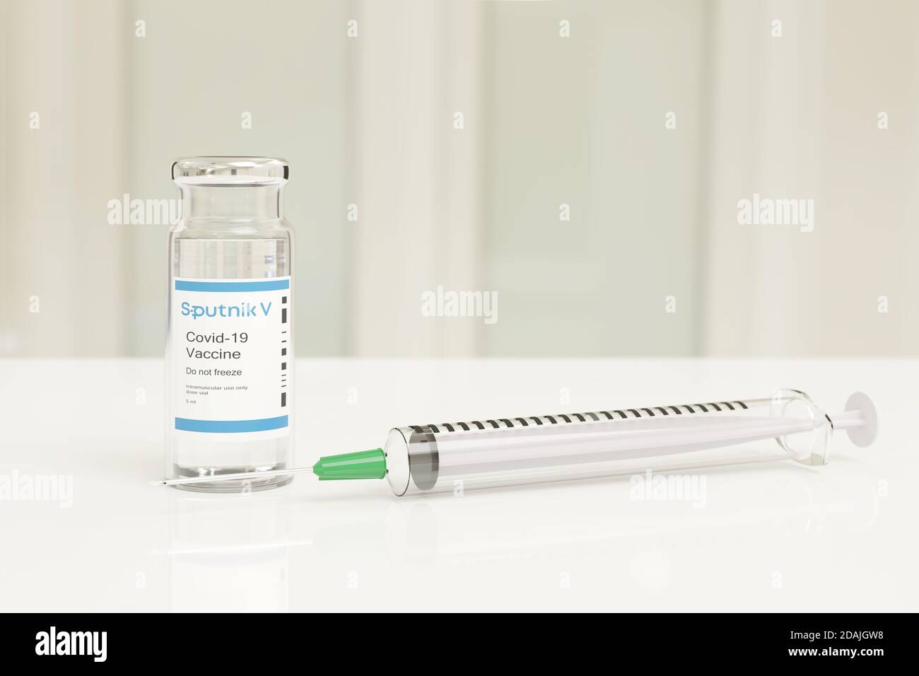 Buenos Aires, Argentinien - November 13: Sputnik-V Covid -19 Impfstofffläschchen und Injektionsspritze isoliert auf weißem Hintergrund. 3d-Illustration. Stockfoto
