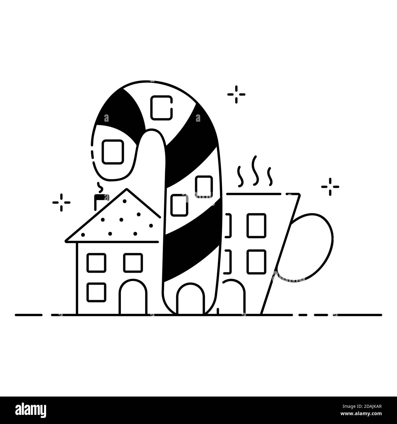 Frohe Weihnachten lustige Illustration, Weihnachtskomposition im Cartoon-Stil. Lollipop und Tasse geformte Haus flache Ikone. Stock Vektor
