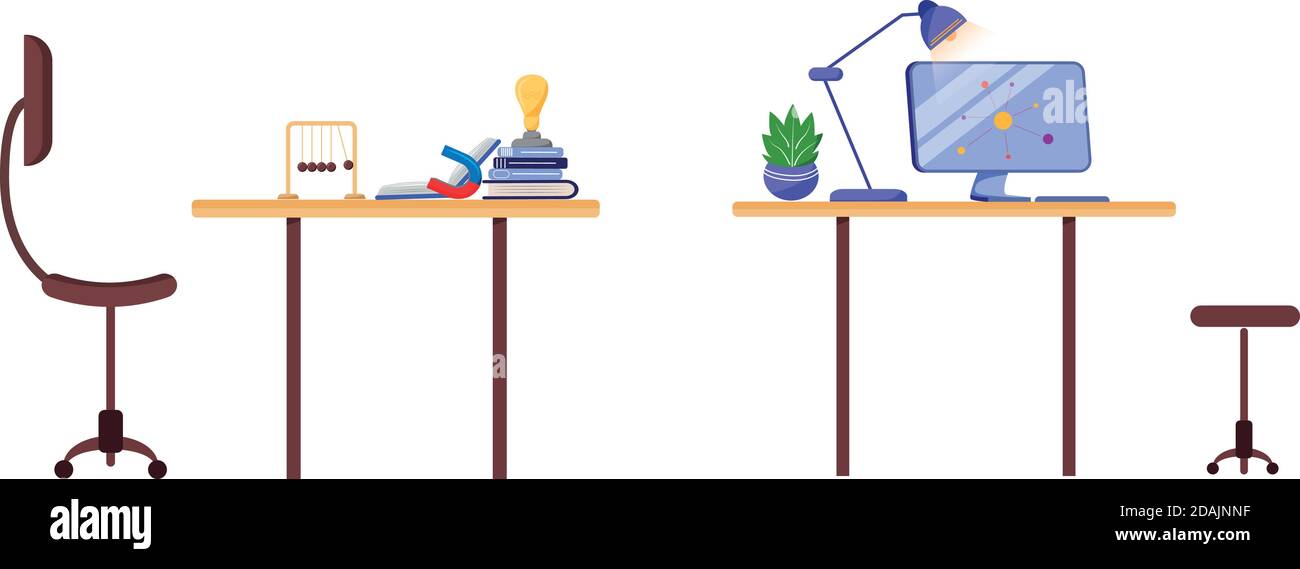Wissenschaftler Arbeitsplatz flache Objekt gesetzt Stock Vektor