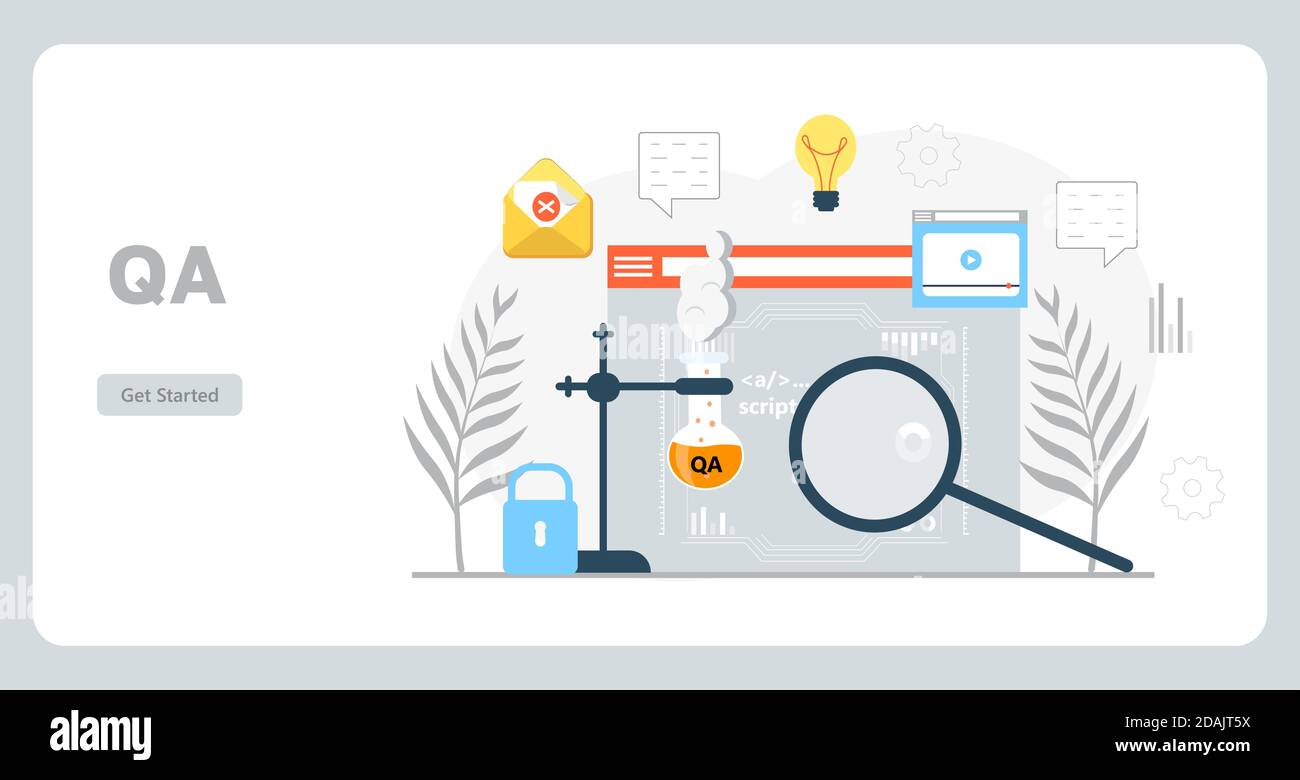 Testkonzept Vektor für Landing Page. Tester für Website und prüft Code. Software Engineer oder QA arbeiten in der digitalen Technologie. Stock Vektor