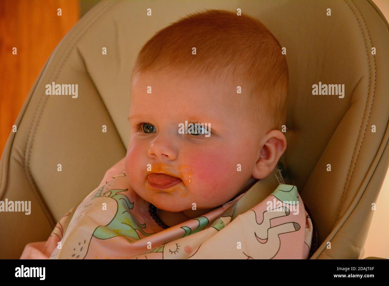 Ein Baby saß in einem Hochstuhl und nahm ihren ersten Geschmack Von festen Lebensmitteln Stockfoto