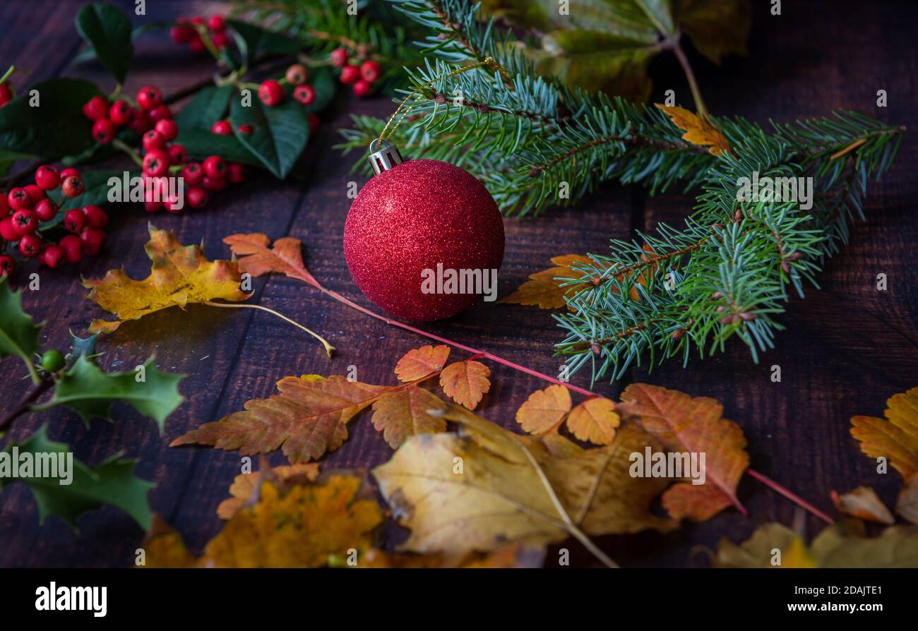 Herbstblätter und Weihnachtsdekoration auf einem Tisch. Stockfoto