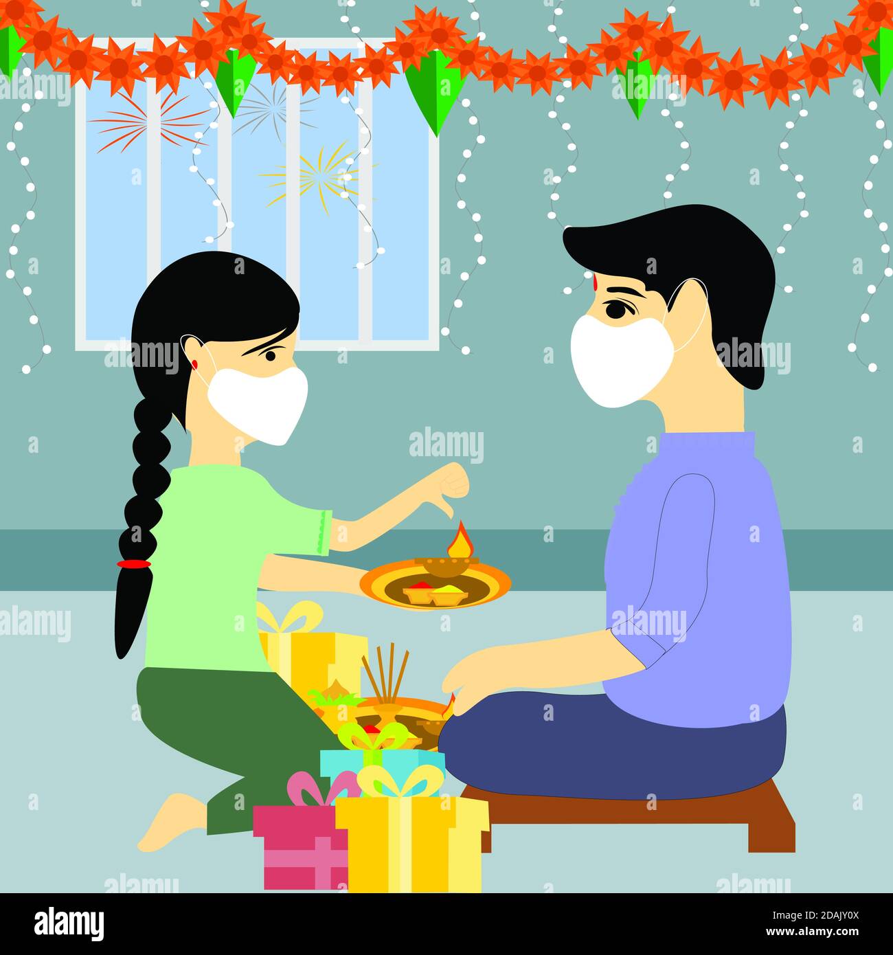 Illustration der indischen Familie Menschen feiern Bhai Dooj mit dem Tragen medizinischer Gesichtsmaske, Happy diwali. Stockfoto