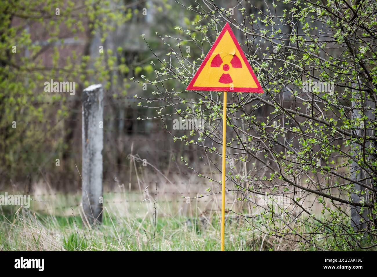 Ionisierende Strahlung Schild in der Nähe von Tschernobyl Zone der Entfremdung, Ukraine Stockfoto