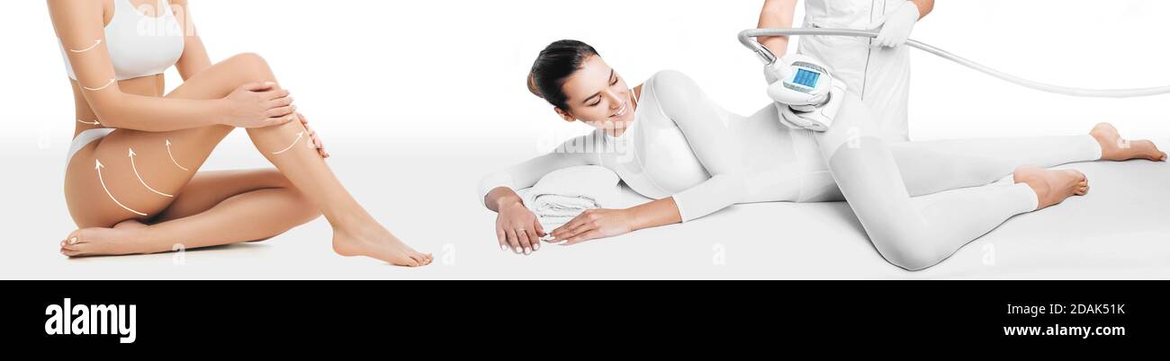 Hubkörper. Schöne Frau erhält LPG-Massage, um Cellulite aus ihrem Körper zu entfernen. Anti-Cellulite-Massage mit LPG-Massagegerät. Schön schlank bo Stockfoto