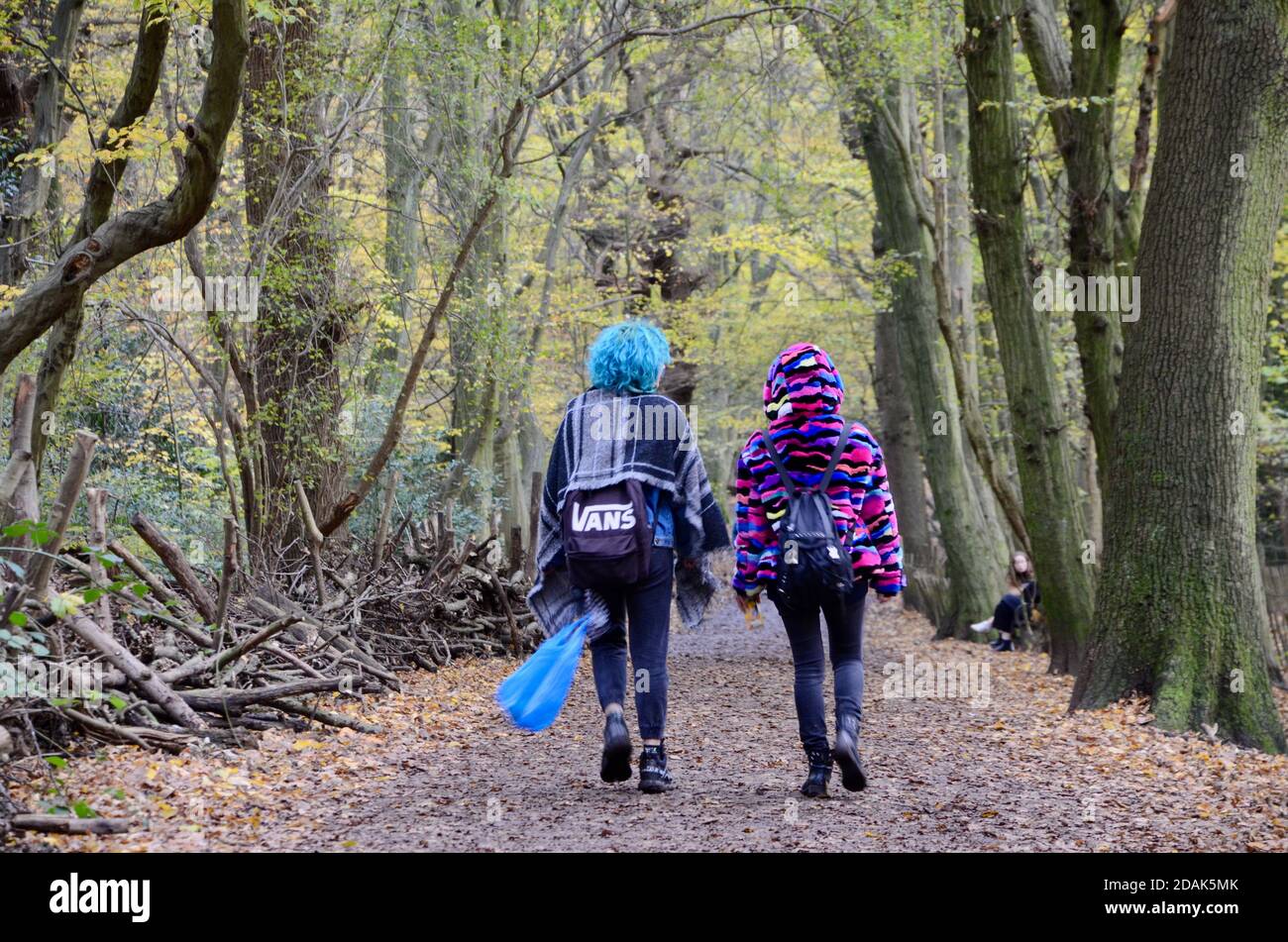 Zwei Studenten Frauen in hellen Kleidern und blauen Haaren und Kunststoff-Tragetasche Spaziergang in highgate Holz Norden london haringey england GB Stockfoto