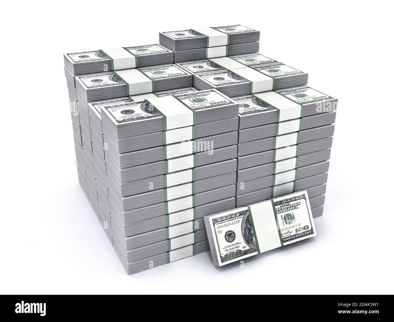 Viele Geld Heap auf weißem Hintergrund. 3D illustration Stockfoto