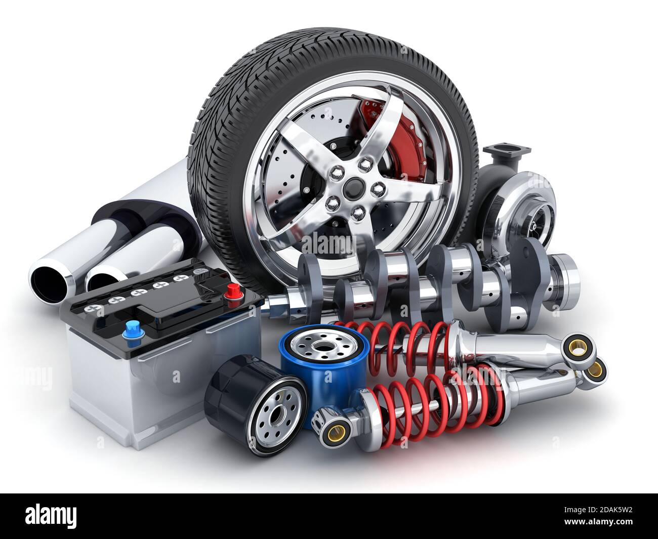 Rad und viele andere Autoteile auf weißem Hintergrund. 3d-Illustration Stockfoto