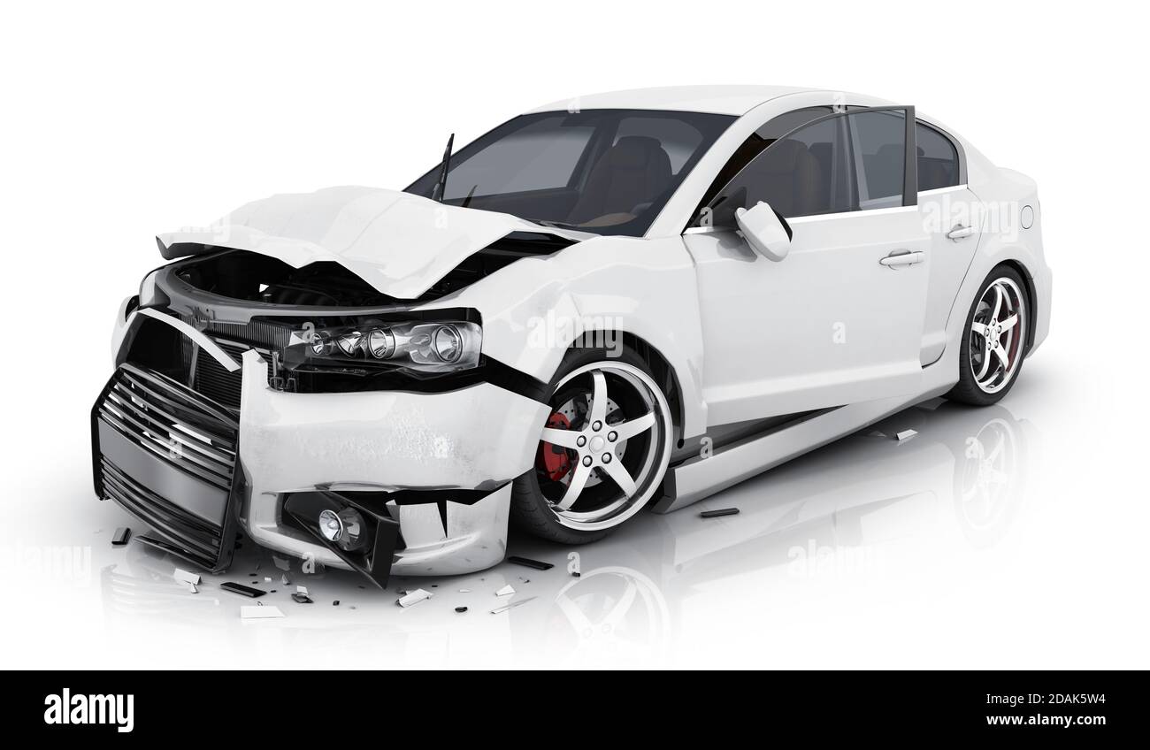 Nur weißes Auto Crash auf isoliertem Hintergrund. 3d-Illustration Stockfoto
