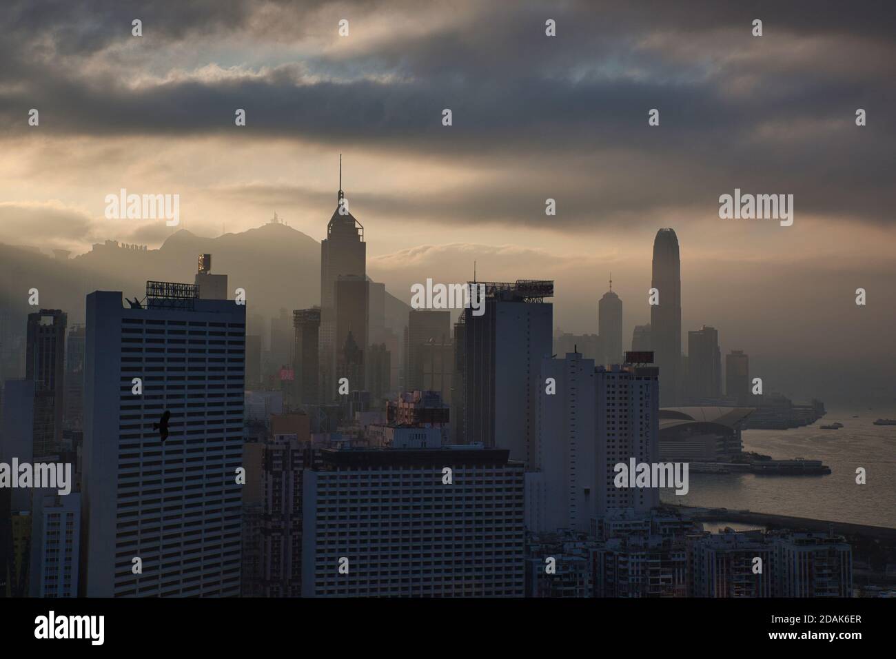 Der Central District von Hong Kong mit Hochhäusern am späten Nachmittag gesehen bewölkt, stimmungsvolle Licht, Hong Kong Island, China. Stockfoto