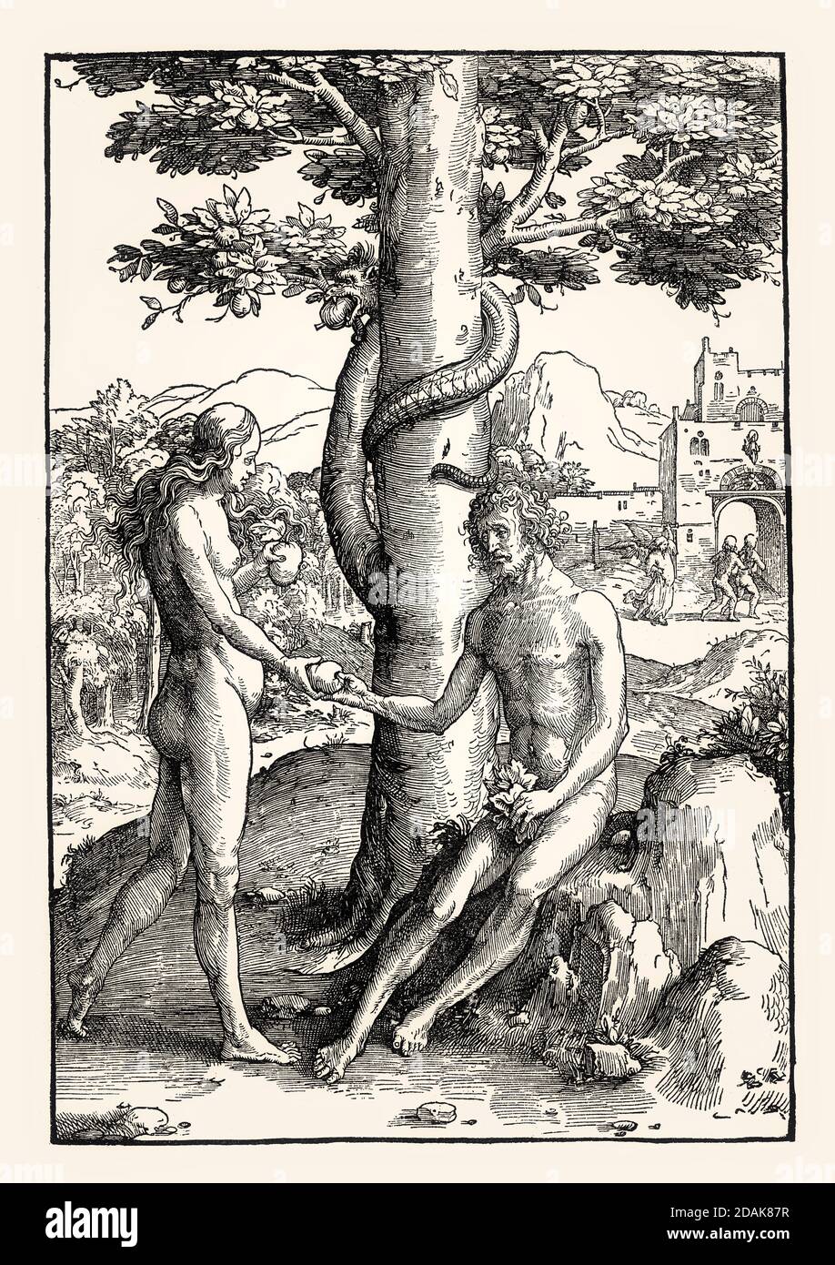 Lucas von Leyden, The Fall from Grace, der Sündenfall, 16. Jahrhundert, von Lucas van Leyrlen, Faksimile des 19. Jahrhunderts Stockfoto
