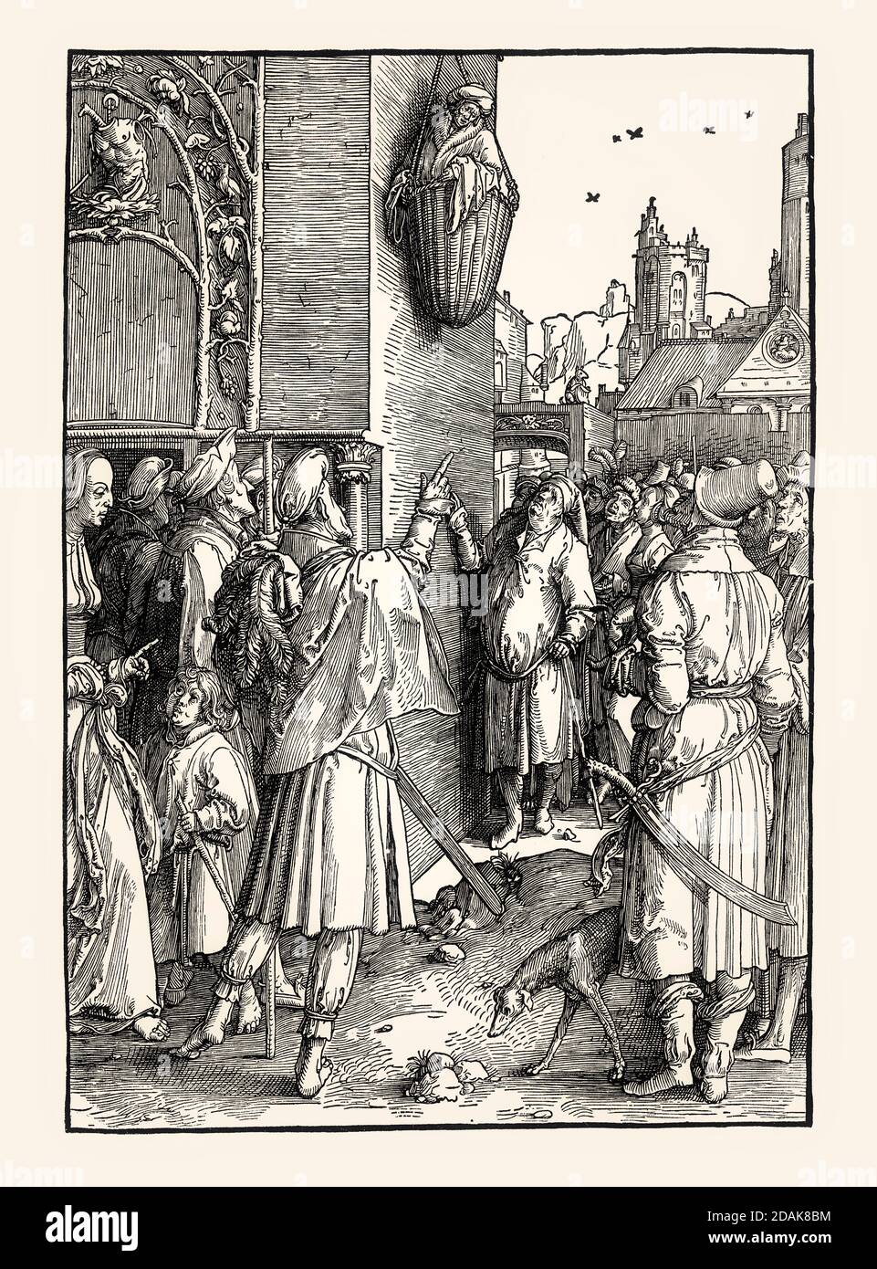 Die Macht der Frauen, Dichter Virgil suspendiert in einem Korb, 1512, von Lucas van Leyden, Faksimile des 19. Jahrhunderts Stockfoto