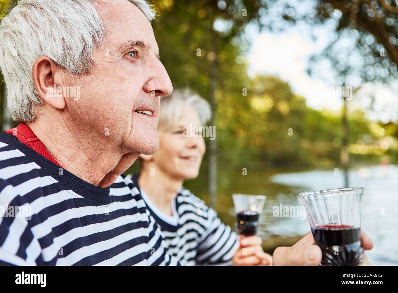 Glückliches Seniorenpaar trinkt Wein in der Natur am See Am Wochenende Stockfoto