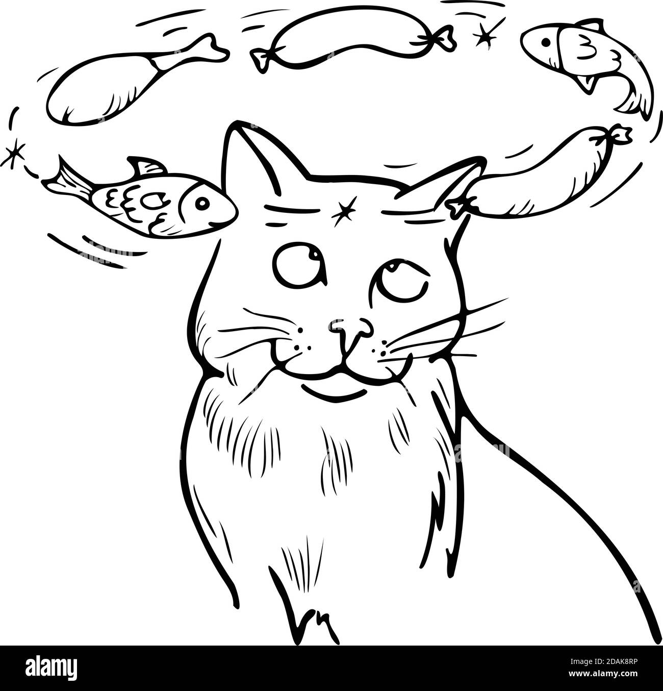 Vektor-Illustration schwindelerregende Katze träumt von Köstlichkeiten – Fisch, Wurst, Huhn. Lustige Cartoon-Stil Katze. Stock Vektor