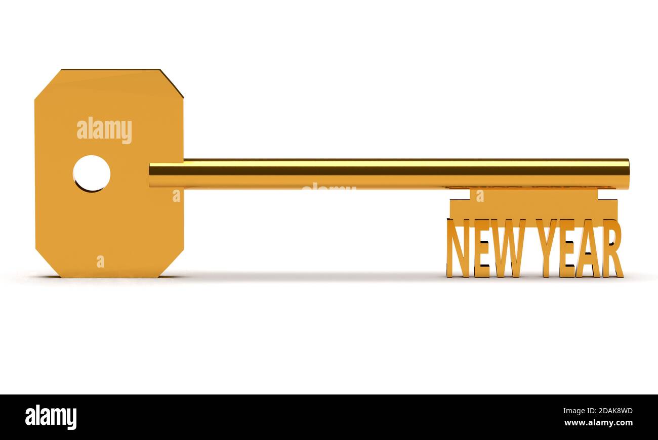 Concept Key mit Neujahr isoliert auf weiß. 3d-Rendering Stockfoto