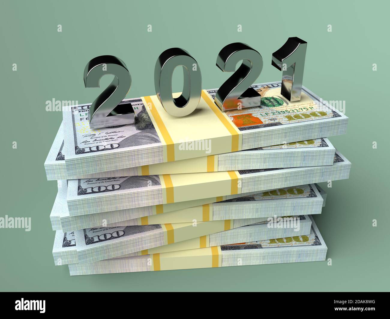 Anzahl der Neujahr 2021 auf Geld Dollar. 3d-Rendering Stockfoto
