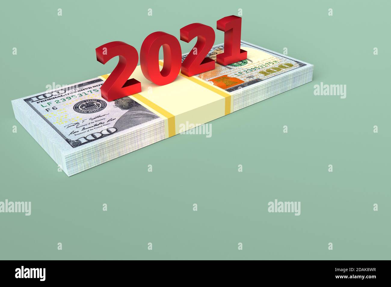 Anzahl der Neujahr 2021 auf Geld Dollar. 3d-Rendering Stockfoto