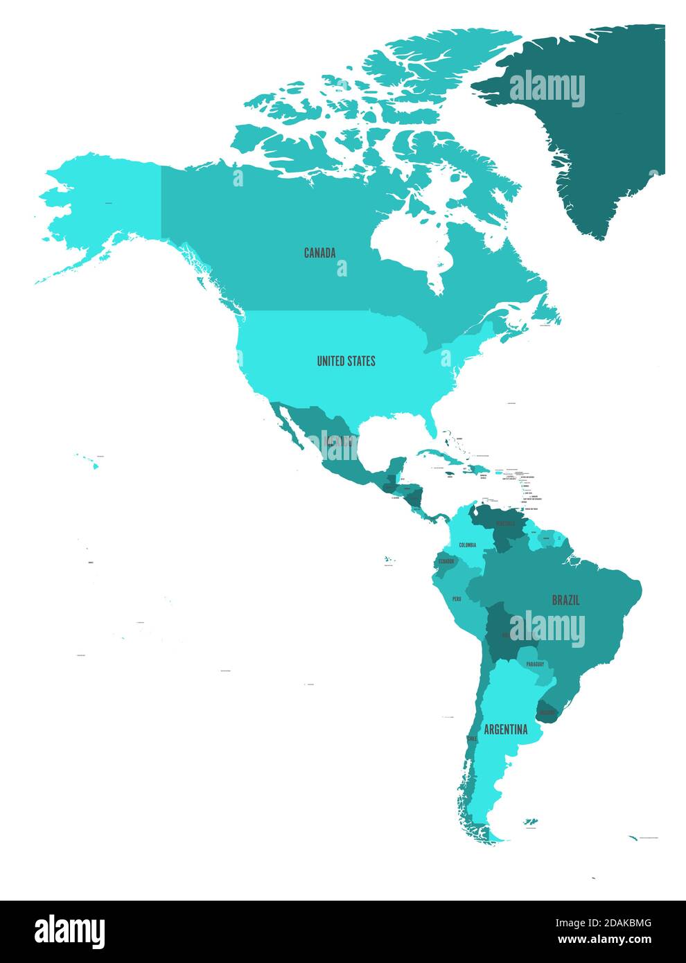 Politische Landkarte von Amerika in vier Schattierungen von türkisblauem auf weißem Hintergrund. Nord- und Südamerika mit Länderkennzeichen. Einfache flache Vektordarstellung. Stock Vektor