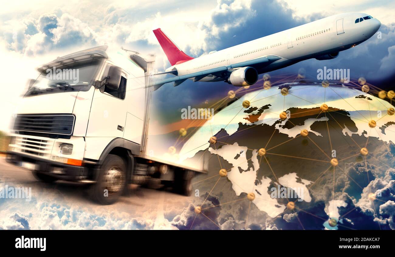 Abstract Design Hintergrund LKW und Flugzeug Transport.Highway und Delivering.Weltkarte und internationale Fracht. Bild im Zusammenhang mit Logistik. Stockfoto