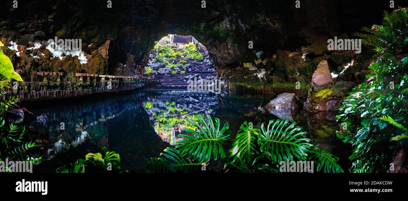 Vulkanische Höhle oder Grotte. Schöne Höhle in Jameos del Agua, Lanzarote, Kanarische Inseln, Spanien Stockfoto