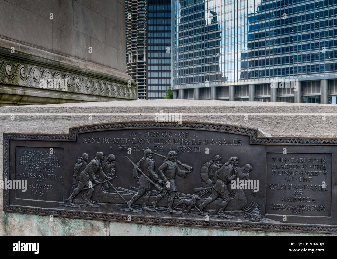 Plakette für Rene-Robert Cavalier und Sieur de La Salle auf Eine Brücke in Chicago Stockfoto Plakette für Rene-Robert Cavalier und Sieur de La Salle auf Eine Brücke in Chicago Stockfoto