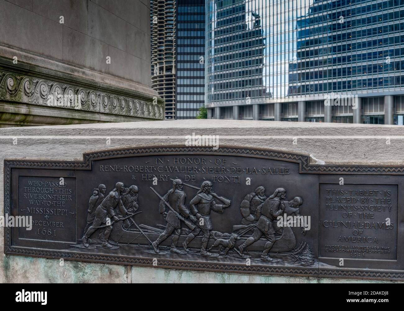 Plakette für Rene-Robert Cavalier und Sieur de La Salle auf Eine Brücke in Chicago Stockfoto