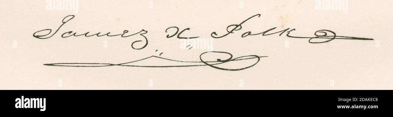 Antiker c1860-Stich, Faksimile-Signatur von James K. Polk. James Knox Polk (1795-1849) war der 11. Präsident der Vereinigten Staaten, diente von 1845 bis 1849. QUELLE: ORIGINALGRAVUR Stockfoto