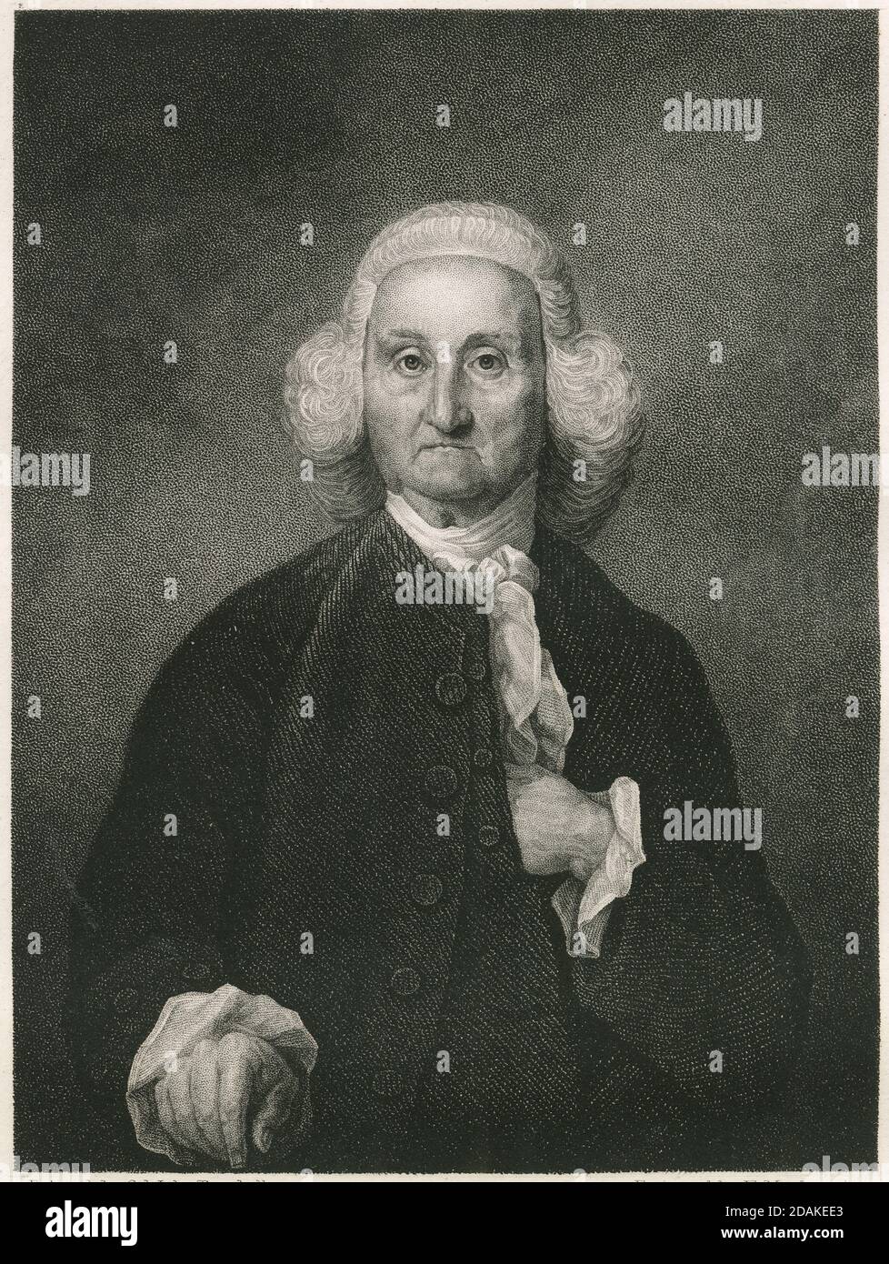 Antike c1860 Gravur, Jonathan Trumbull. Jonathan Trumbull Sr. (1710-1785) war ein amerikanischer Politiker und Staatsmann, der als Gouverneur von Connecticut während der amerikanischen Revolution diente. QUELLE: ORIGINALGRAVUR Stockfoto