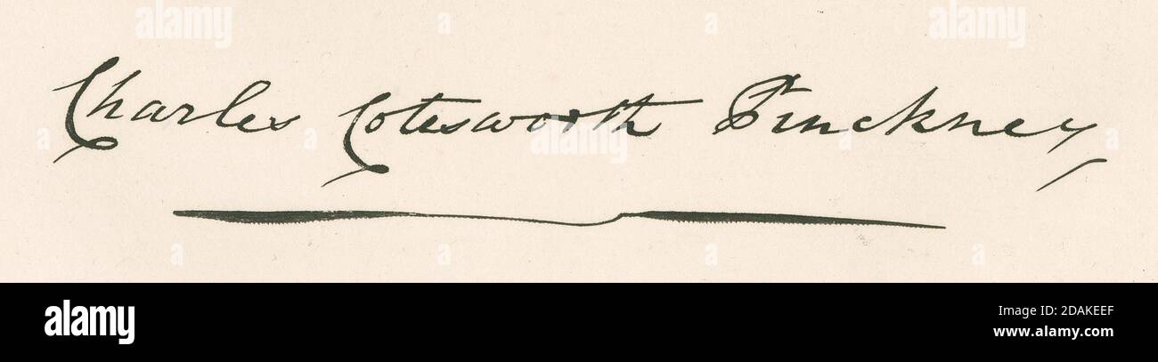 Antiker c1860-Stich, Faksimile-Signatur von Charles Cotesworth Pinckney. Charles Cotesworth Pinckney (1746-1825) war ein früher amerikanischer Staatsmann von South Carolina, Veteran des Revolutionskriegs und Delegierter des Verfassungskonvents. QUELLE: ORIGINALGRAVUR Stockfoto