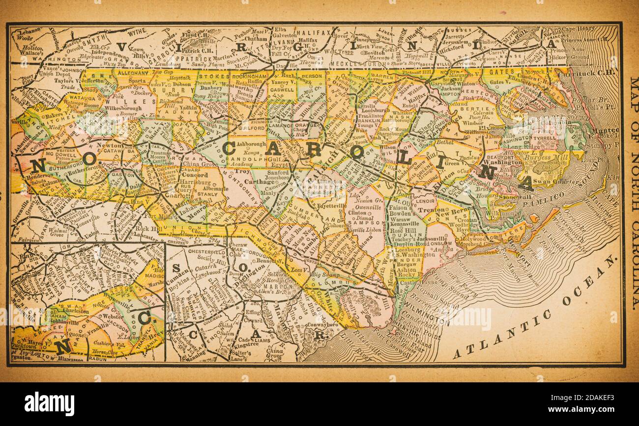 Karte von North Carolina aus dem 19. Jahrhundert.Veröffentlicht in New Dollar Atlas of the United States and Dominion of Canada. (Rand McNally & Co's, Chicago, 1884). Stockfoto
