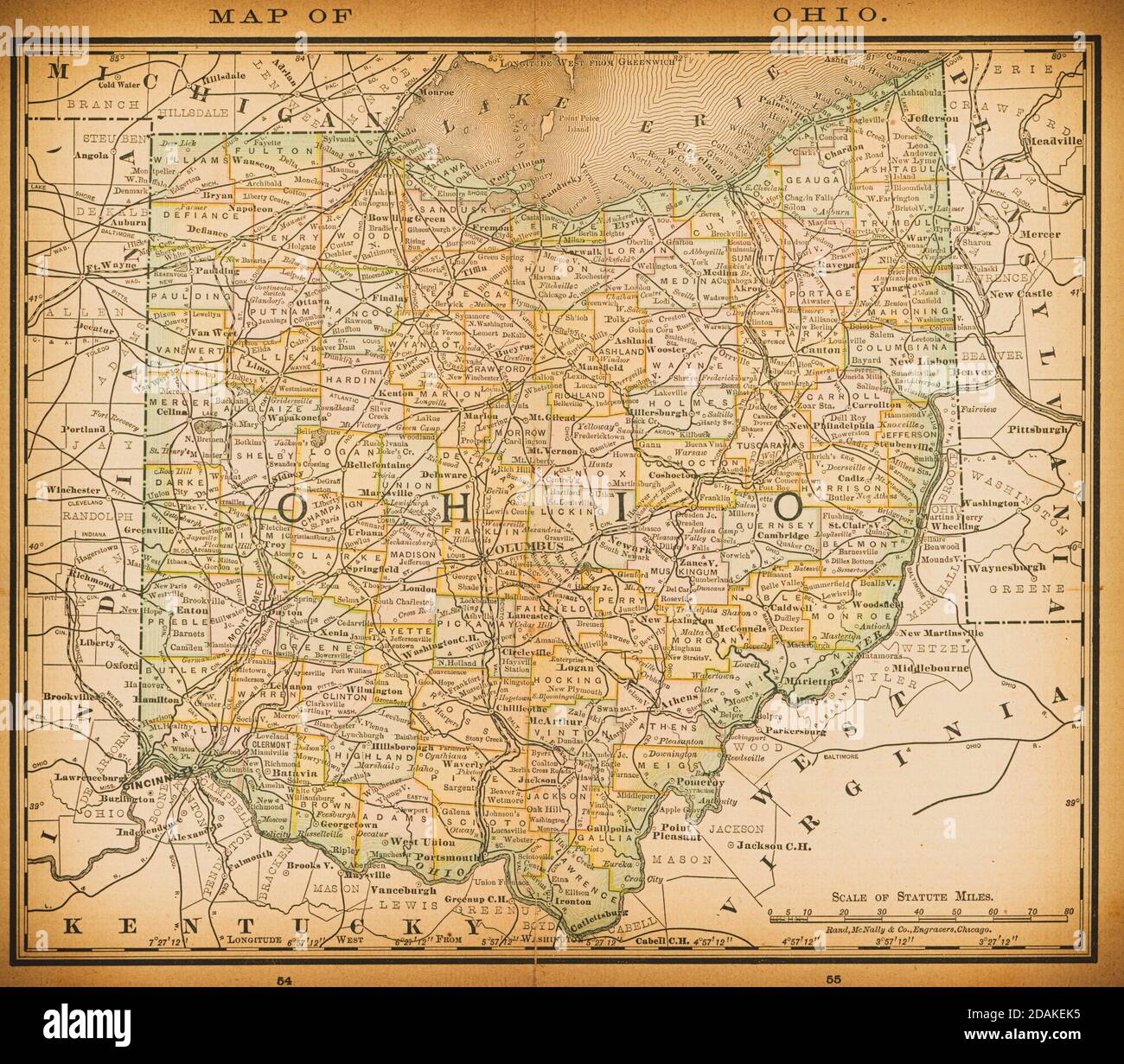 Karte von Ohio aus dem 19. Jahrhundert. Veröffentlicht im New Dollar Atlas of the United States and Dominion of Canada. (Rand McNally & Co's, Chicago, 1884). Stockfoto