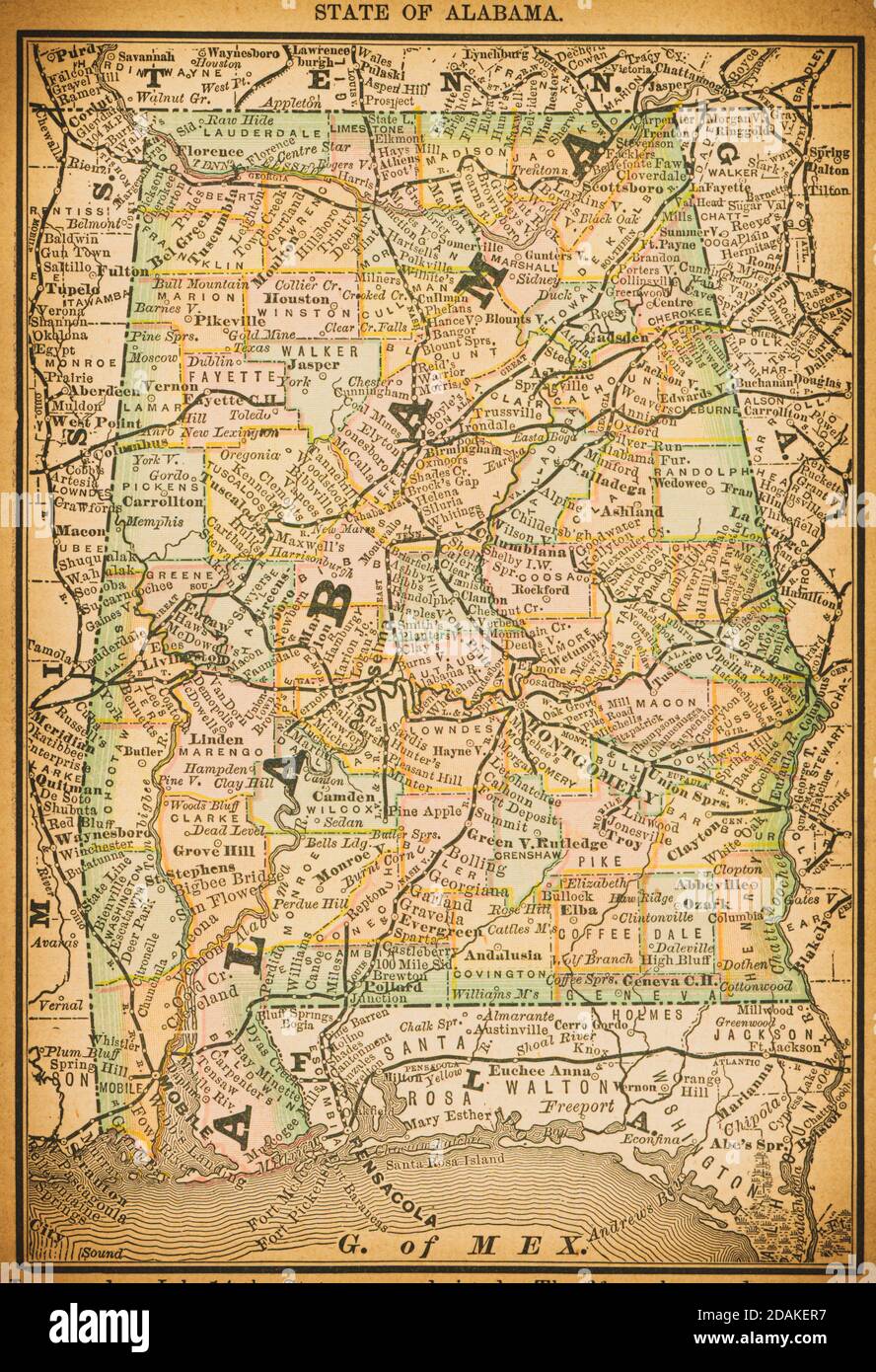 Karte des Staates Alabama aus dem 19. Jahrhundert. Veröffentlicht im New Dollar Atlas of the United States and Dominion of Canada. (Rand McNally & Co's, Chicago, 1884). Stockfoto