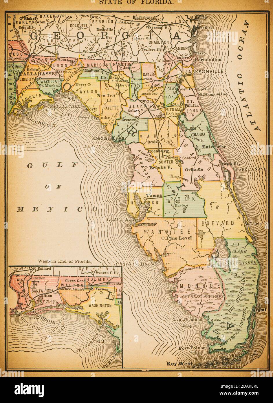Karte des Staates Florida aus dem 19. Jahrhundert. Veröffentlicht im New Dollar Atlas of the United States and Dominion of Canada. (Rand McNally & Co's, Chicago, 1884). Stockfoto