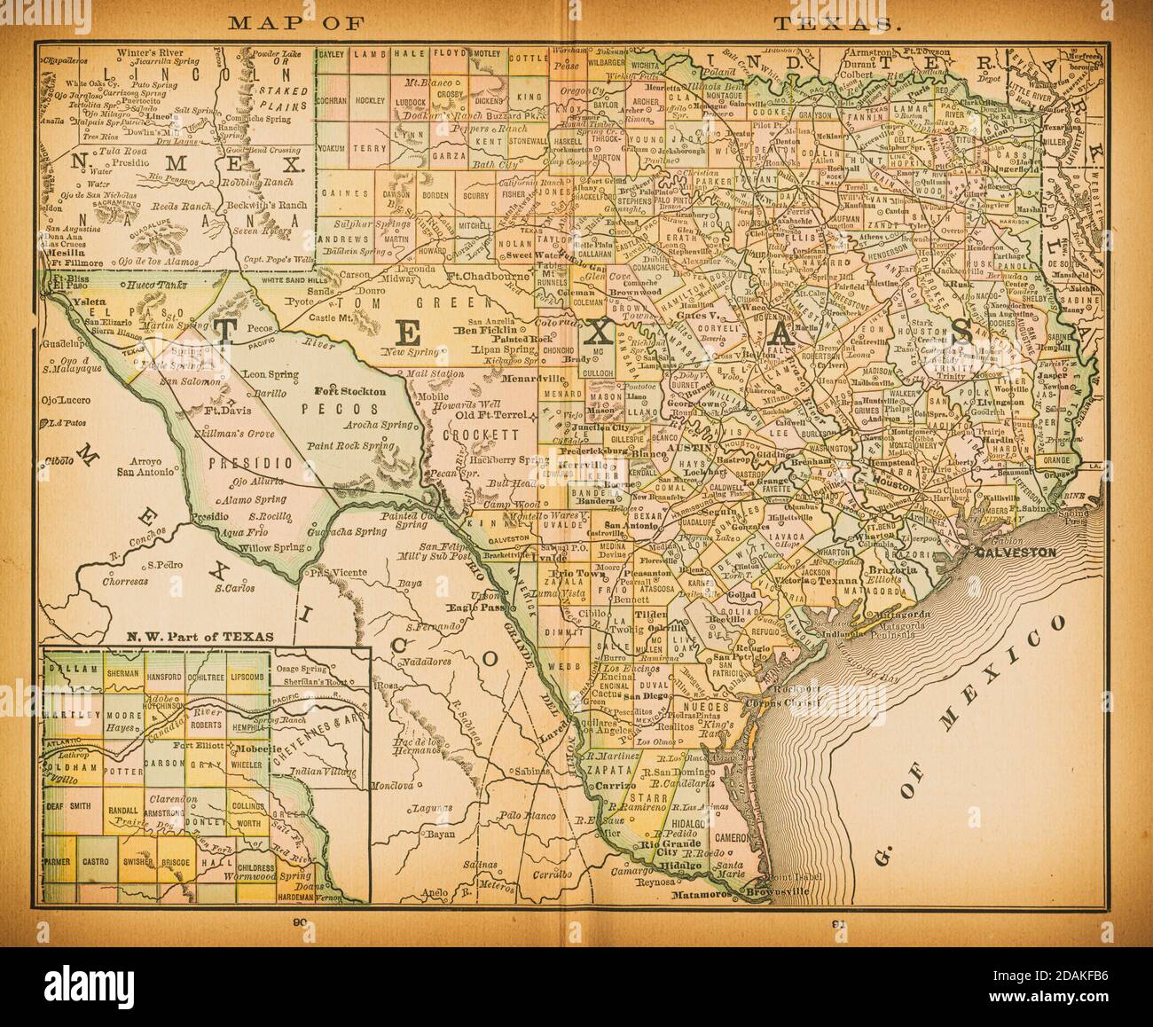 Karte von Texas aus dem 19. Jahrhundert. Veröffentlicht im New Dollar Atlas of the United States and Dominion of Canada. (Rand McNally & Co's, Chicago, 1884). Stockfoto