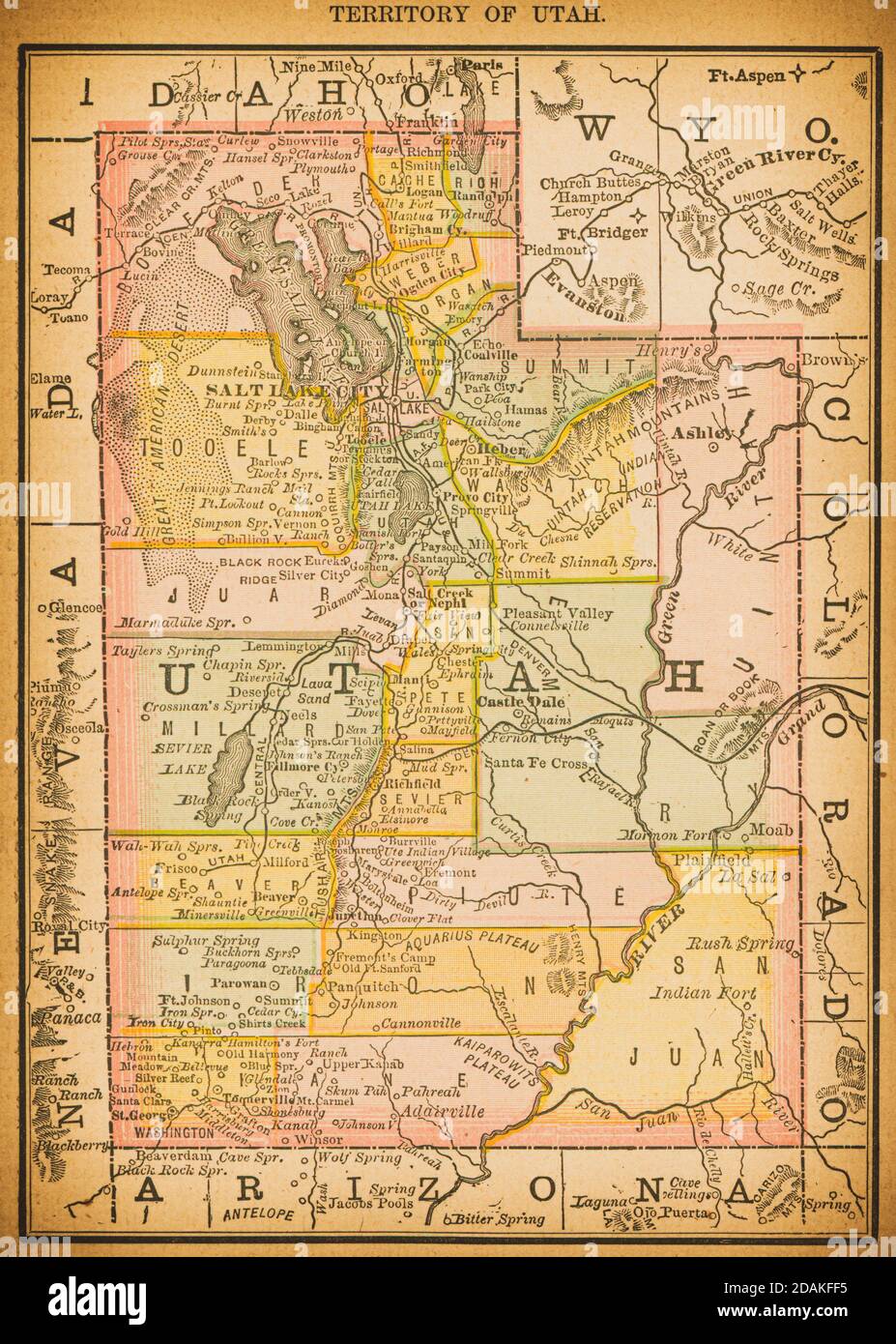 Karte von Utah aus dem 19. Jahrhundert. Veröffentlicht im New Dollar Atlas of the United States and Dominion of Canada. (Rand McNally & Co's, Chicago, 1884). Stockfoto
