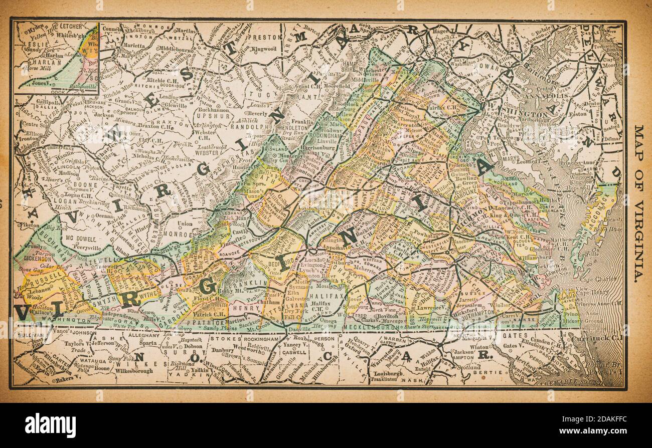 Karte von Virginia aus dem 19. Jahrhundert.Veröffentlicht in New Dollar Atlas of the United States and Dominion of Canada. (Rand McNally & Co's, Chicago, 1884). Stockfoto