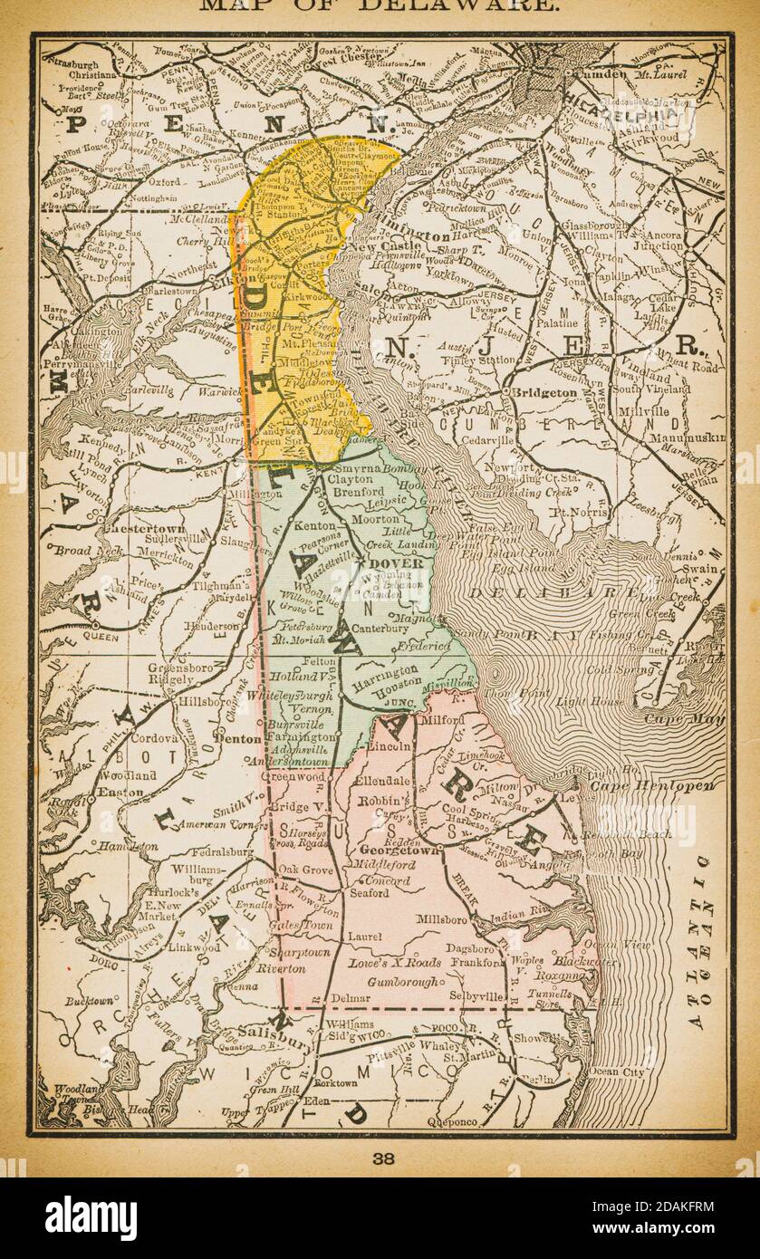 Karte von Delaware aus dem 19. Jahrhundert.Veröffentlicht in New Dollar Atlas of the United States and Dominion of Canada. (Rand McNally & Co's, Chicago, 1884). Stockfoto